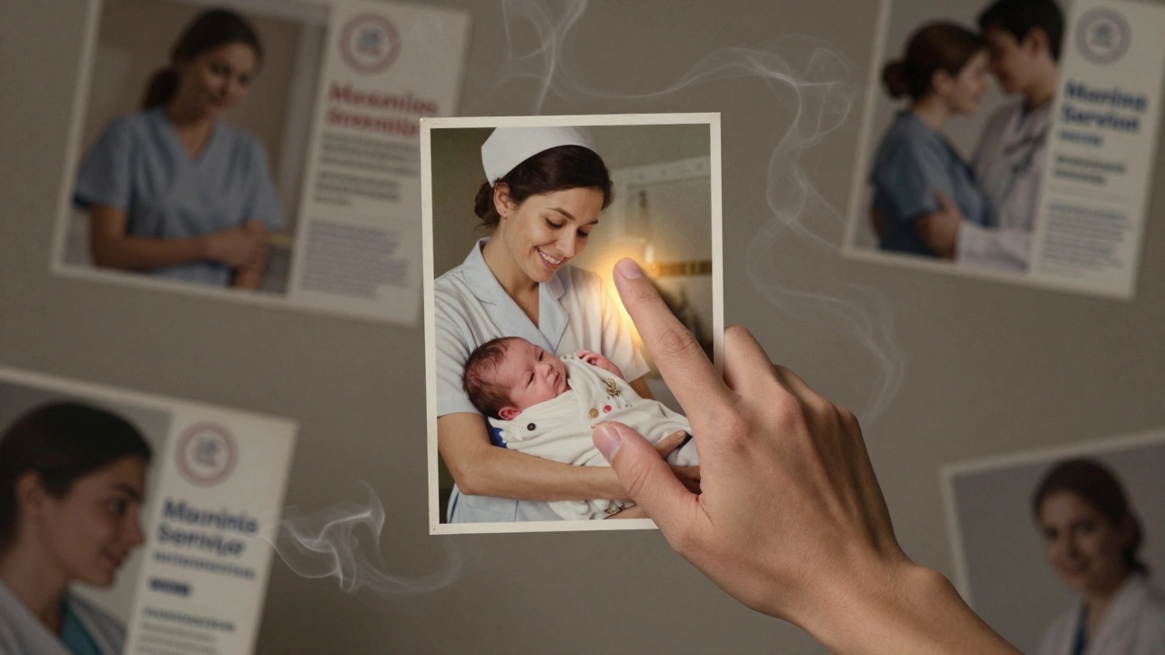 A cherished photo of a midwife and family is lit warmly amid dissolving ads of false promises.