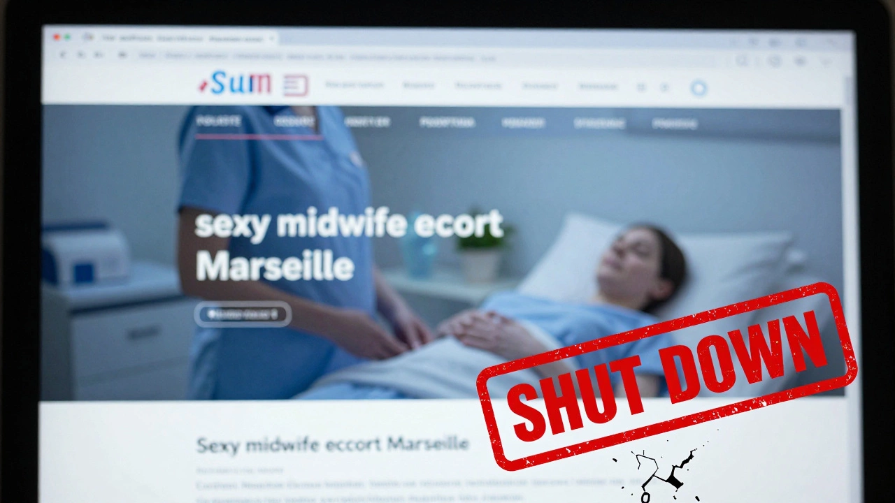 A deceptive website with false escort keywords is marked with a red shutdown stamp on a computer screen.