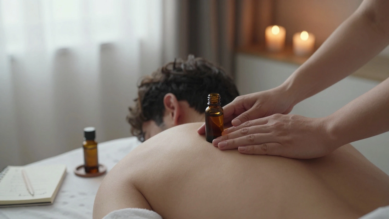 A therapeutic massage session with essential oils and soft lighting, focused on care and relaxation.