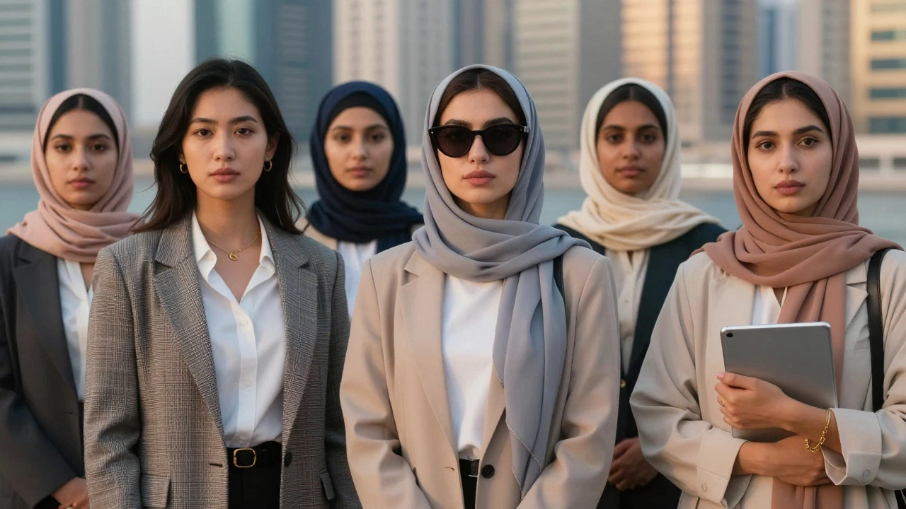 Diverse women in elegant attire standing near Dubai Marina, representing the varied backgrounds of companionship professionals.